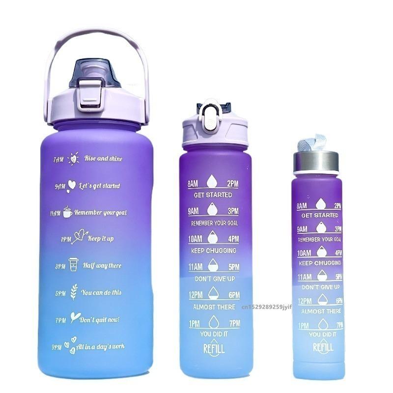 2L 900ml 300ml Motivational Water Bottle Set 3pcs Leakproof Plastic Sports Water Bottle with Time Marker Gradient Color 2000ml 900ml 300ml