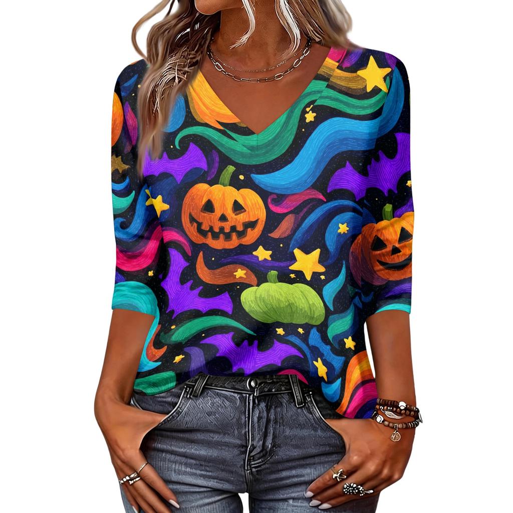 Women's Fashion Casual Halloween Print V-Neck Three-Quarter Sleeve Top
