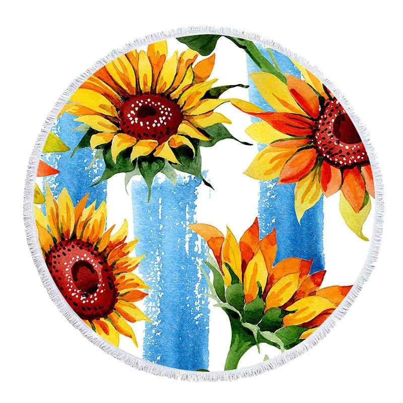 Sunflower Printed Round Beach Towel Home Decorations Furnishing Bedroom Microfiber Travel Camping Yoga Shawl Mat Bath Towel