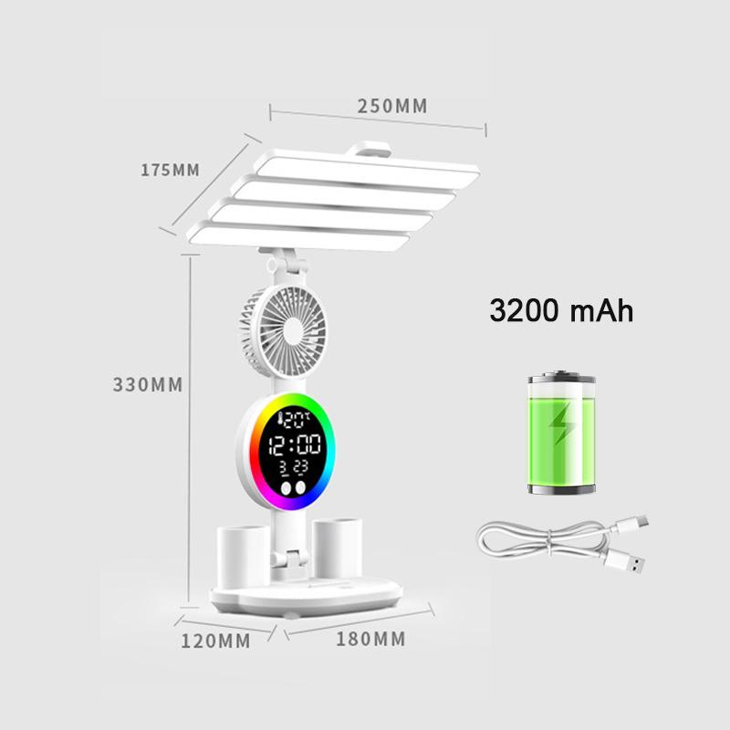 

Перезаряжаемая настольная лампа для учебы, настольная лампа для чтения, светодиодная настольная лампа с вентилятором, светодиодная лампа для чтения с дисплеем часов