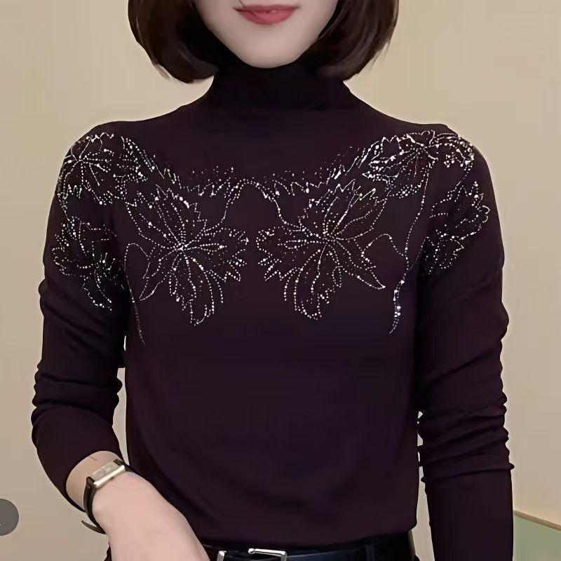 Automne Hiver Velours Allemand Épais Haut de Sous-vêtement Femme Mode Col Roulé Court Strass Chaud Mère d'Âge Moyen Haut à Manches Longues