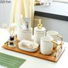 Bathroom Set with Tray Golden Stripes Ceramic Shower Gel Bottle Hand Washing Fluid Bottle Soap Dishes Mouthwash Cup Toiletries