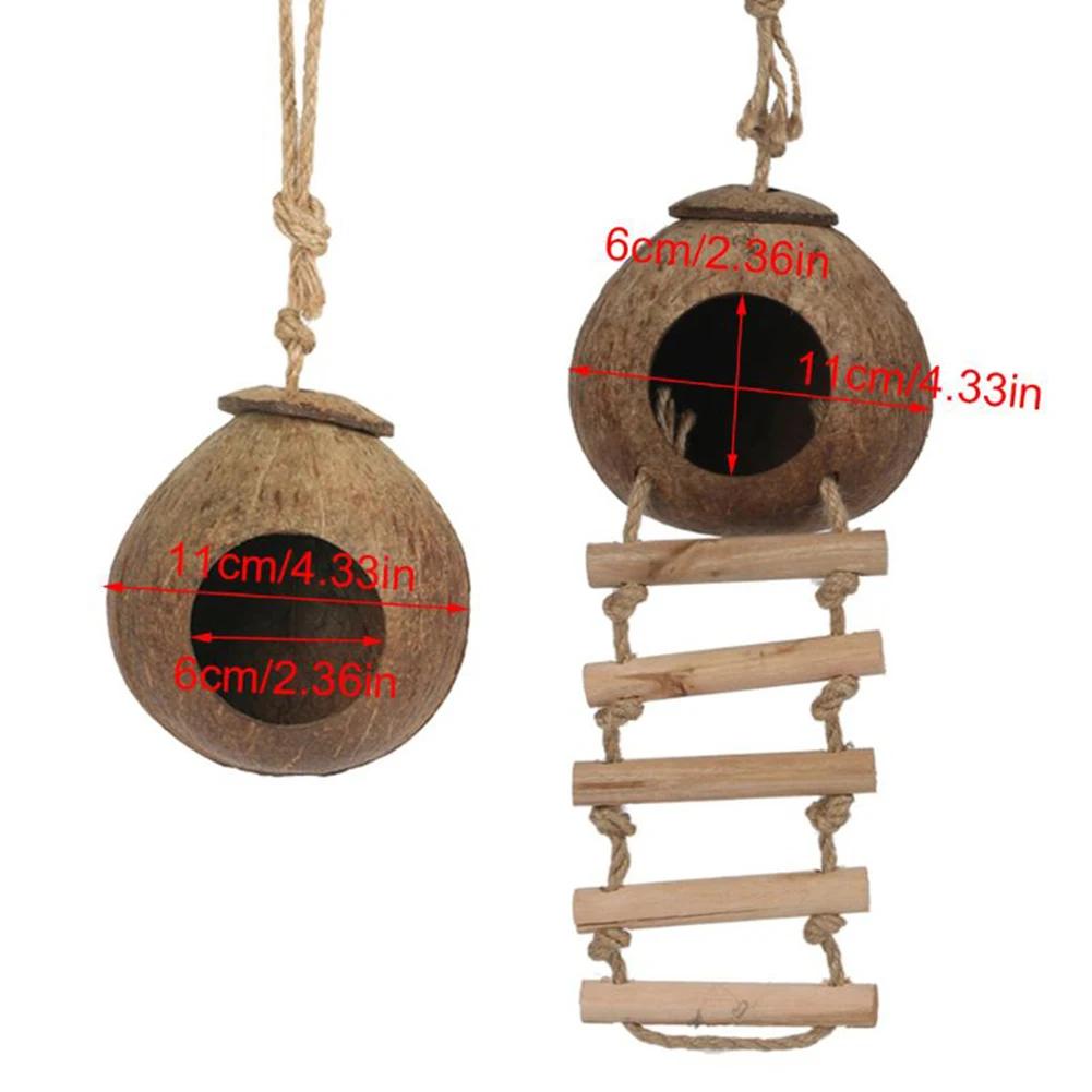 Coconut Bird Nest Hut With Ladder Hanging,Hanging Coconut Bird House Parrot Hideout Bird Cage For Lovebird Pigeons Pet Supplies