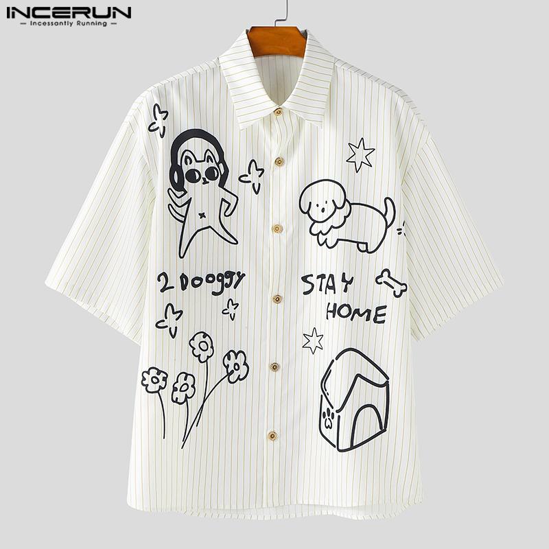 INCERUN Luźne Męskie Koszule Casual z Kołnierzykiem, Krótkim Rękawem i Paskami z Kreskówkowym Wzorem