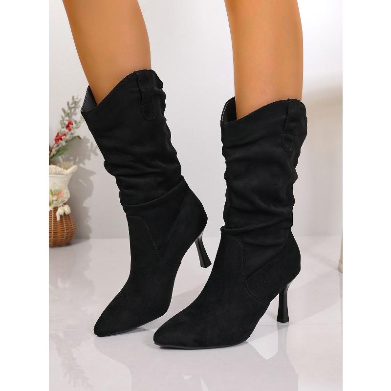 Big Size Pointed Toe High Heel Fashion Boots 2025 Winter New Pleated Mid-leg Boots for Women