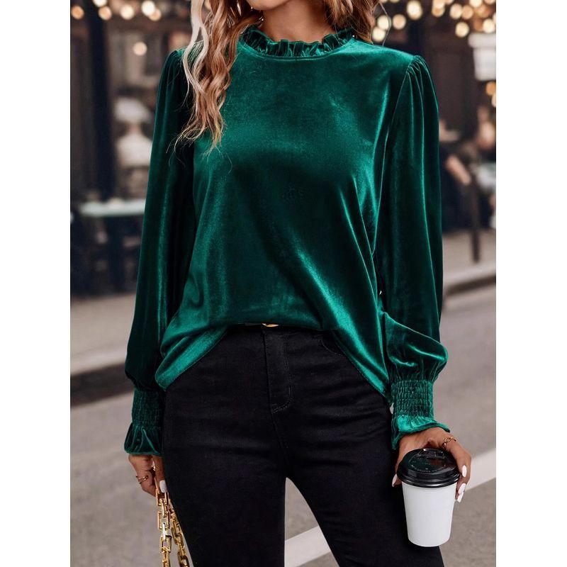 

New Arrival Spring and Autumn Fashion Elegant Ruched Lace Keyhole Simple Pullover Long Sleeves T-shirt Versatile Bottoming Shirt Green S