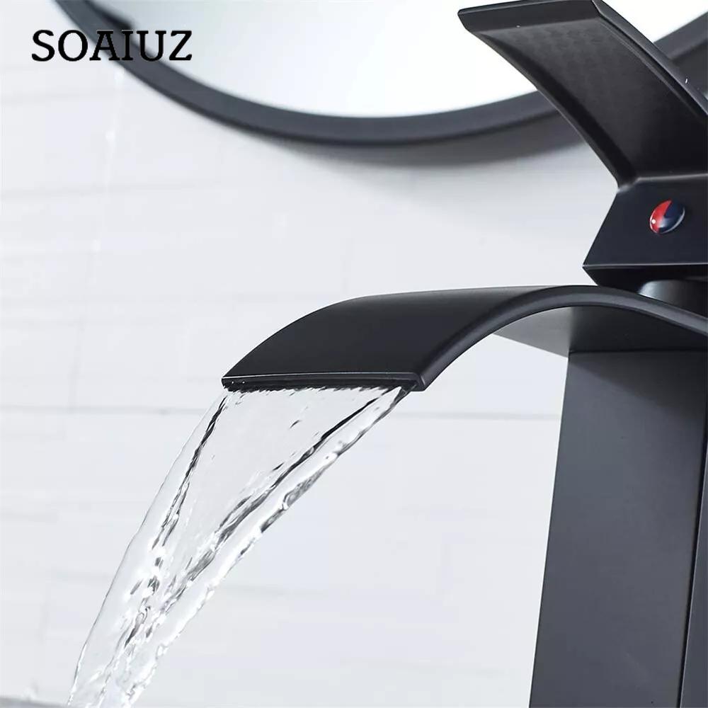 Black Waterfall Basin Sink Faucet Tall Bathroom Mixer Tap Wide Spout Vessel Sink Fauet Hot Cold Water Tap