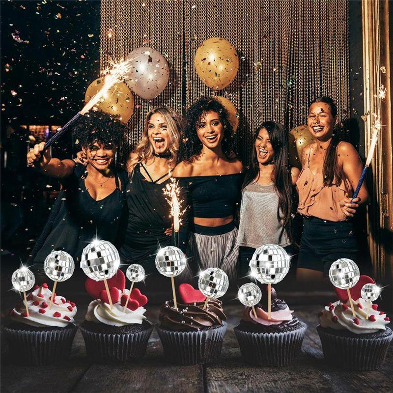 A33R-24 Stück Discokugel Cupcake-Topper Happy Birthday Kuchen-Topper Discokugel Kuchen-Picks Thema Kuchen-Deko Für Discothema-Party Du
