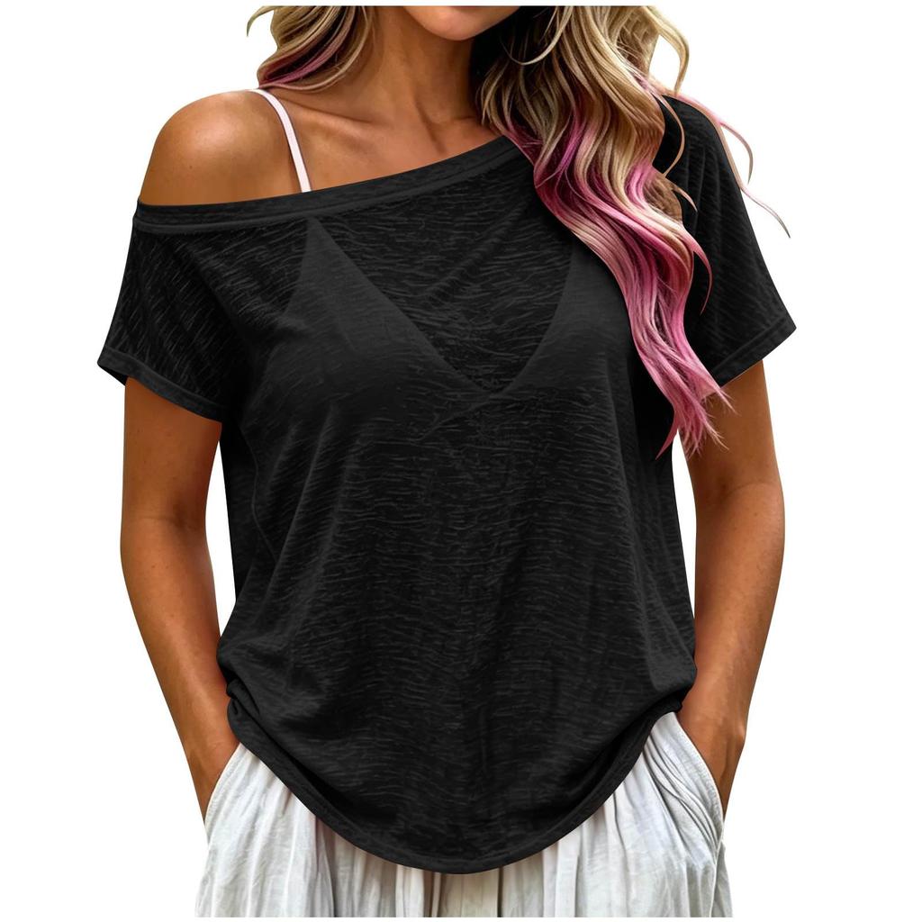 Women Casual Off Shoulder Sheer Short Sleeve T Shirt Loose Fit Lightweight Summer Top with Relaxed Silhouette