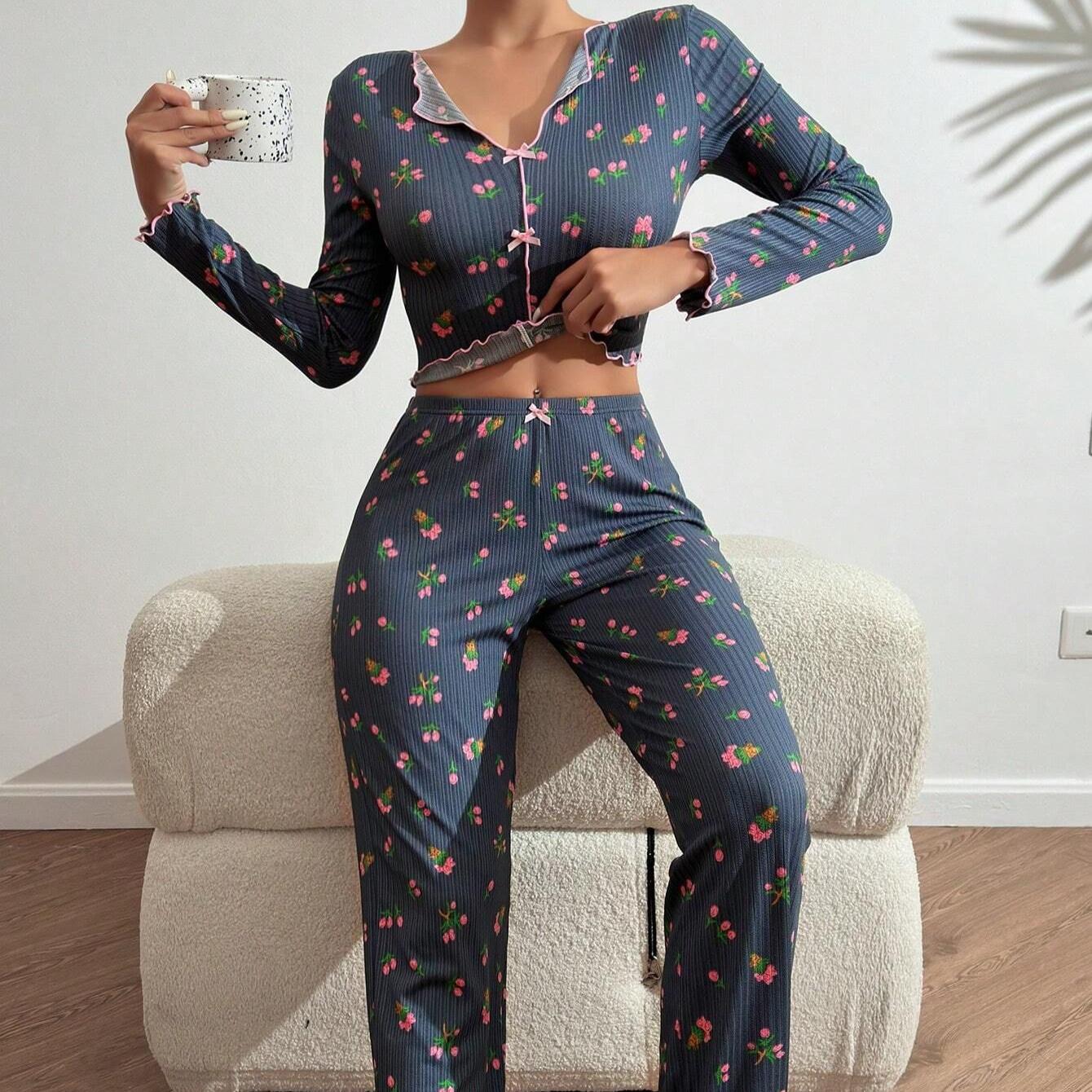 

2025 весна лето женская пижама комплект топы с длинными рукавами брюки пижамы комплект из 2 предметов свободная домашняя одежда костюм пижама женская XL