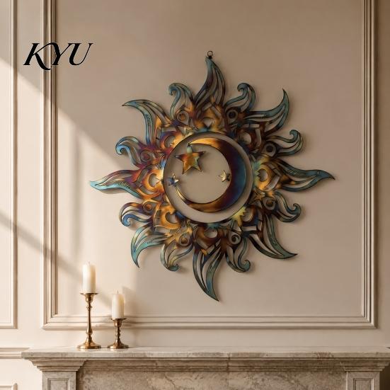 Wall Sculptures for Dining Room Metal Sun Moon Star Art, Hollow Cutout Iron Hanging Decor, Contemporary Home Accents Rustic Sculpture Living