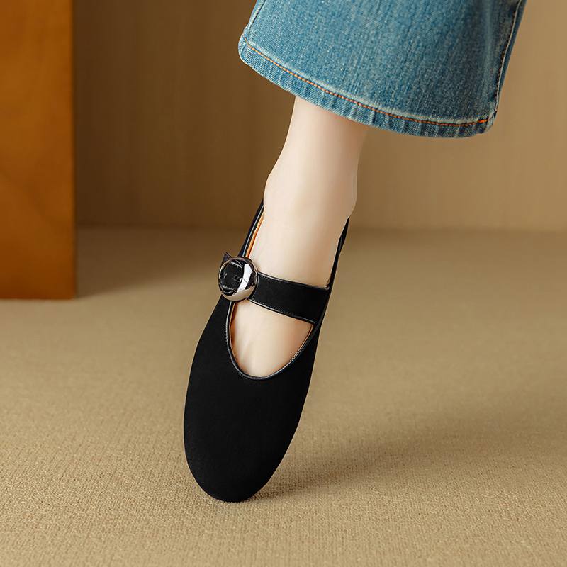 Krazing Pot Piele de Oaie Suedeză Vară Mărimea 40 păr de cal leopard mary janes Tocuri Joase vârf rotund Balerini eleganți decupați