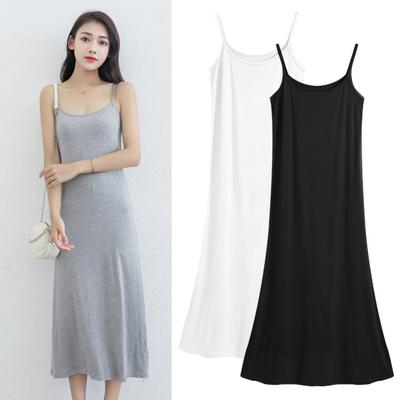 Summer Sundress Skeeveless Loose Solid Color Stretch Backless Round Neck A-line Inner Wear Outerwear Midi Dress Daily