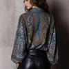 Moda Nuovi Stili Primavera ed Estate Scollo a V Stampato Vestibilità Larga Dimagrante Alta Qualità Retro Manica Lunga Top