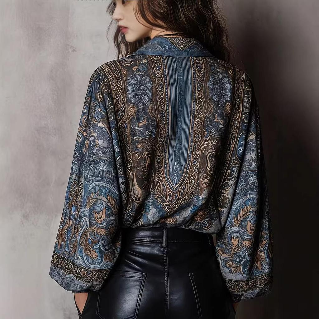 Moda Nuovi Stili Primavera ed Estate Scollo a V Stampato Vestibilità Larga Dimagrante Alta Qualità Retro Manica Lunga Top