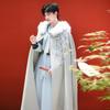 Übergroßer doppelseitiger Hanfu-Umhang aus Wolle für Herren mit abnehmbarem Pelzkragen – dick und warm für den Winter