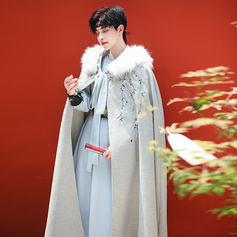 Übergroßer doppelseitiger Hanfu-Umhang aus Wolle für Herren mit abnehmbarem Pelzkragen – dick und warm für den Winter