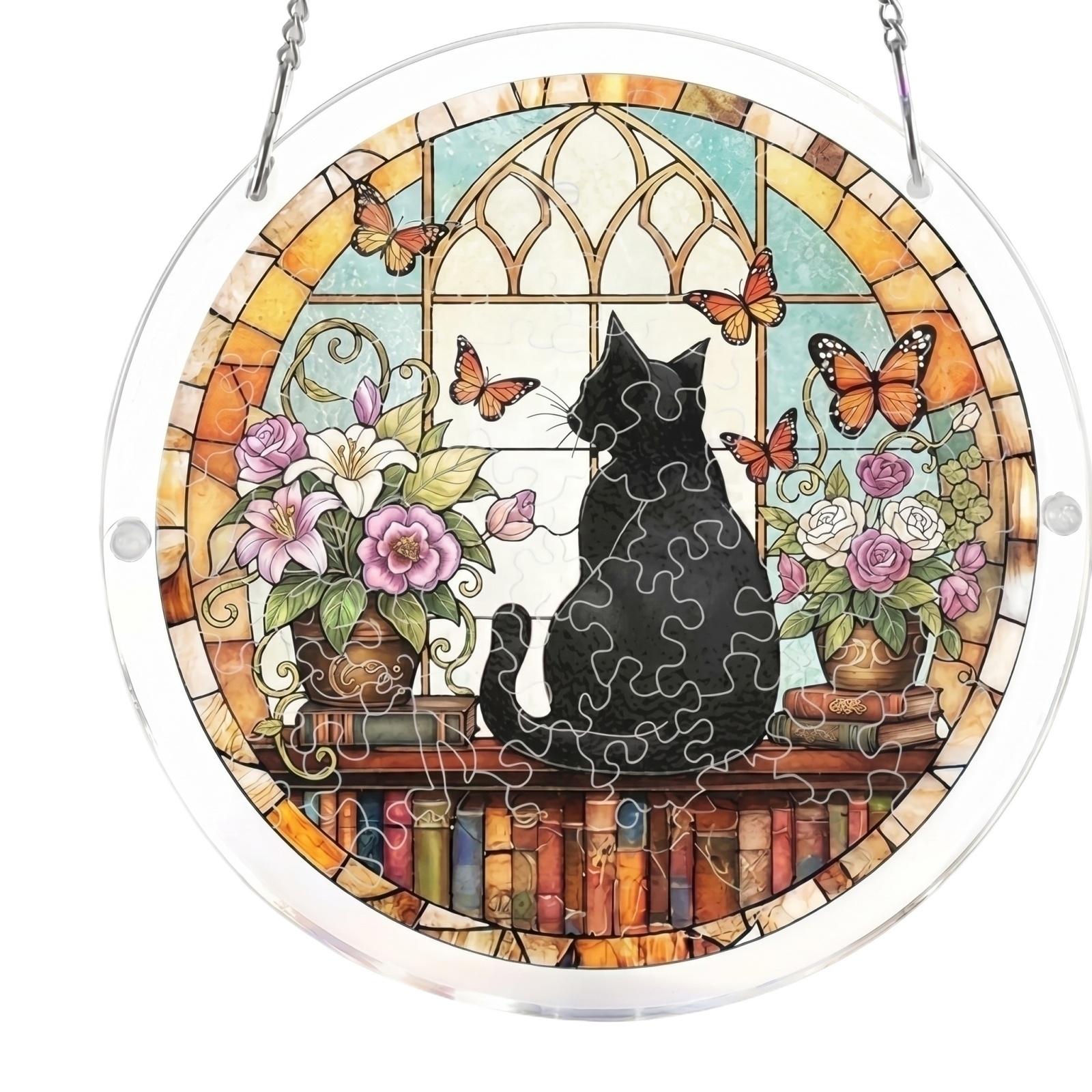 

Acrylic Puzzle Suncatcher Window Hanging Decorative Panel 3 Layers 2mm Thickness 2D Design Cat and Butterflies Pattern One Size