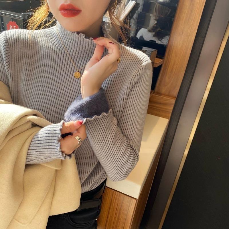 Fleece Thickened Sweater Women's Winter Thickened Bottoming Shirt Integrated Fleece Turtleneck with Wooden Ear Edge and Knitted Top Inside