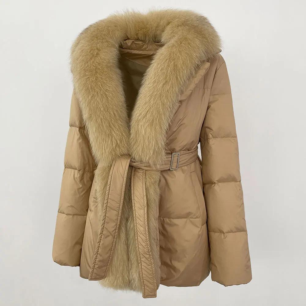 OFTBUY 2024 Winter Jacket Women Real Fox Fur Collar Natural Thick Warm Duck Down Coat Belt Outerwear Streetwear Loose Casual