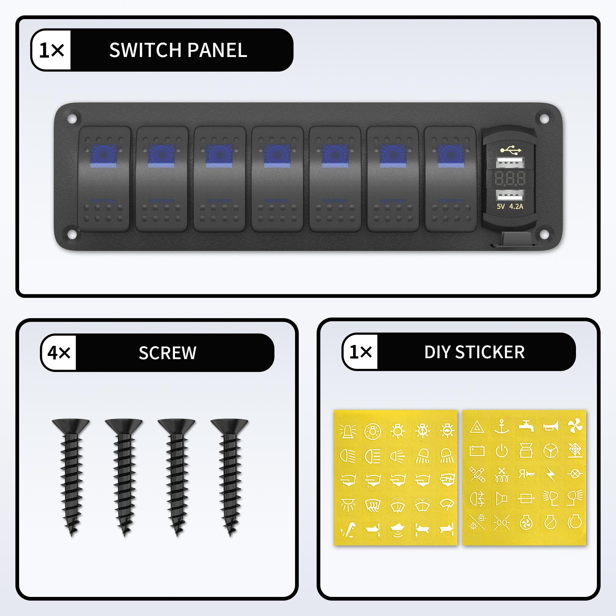 

Панель переключателей DaierTek 7 Gang Rocker Switch Panel Marine Boat Switch Panel Waterproof с зарядным устройством USB и вольтметром для вертикального грузовика UTV