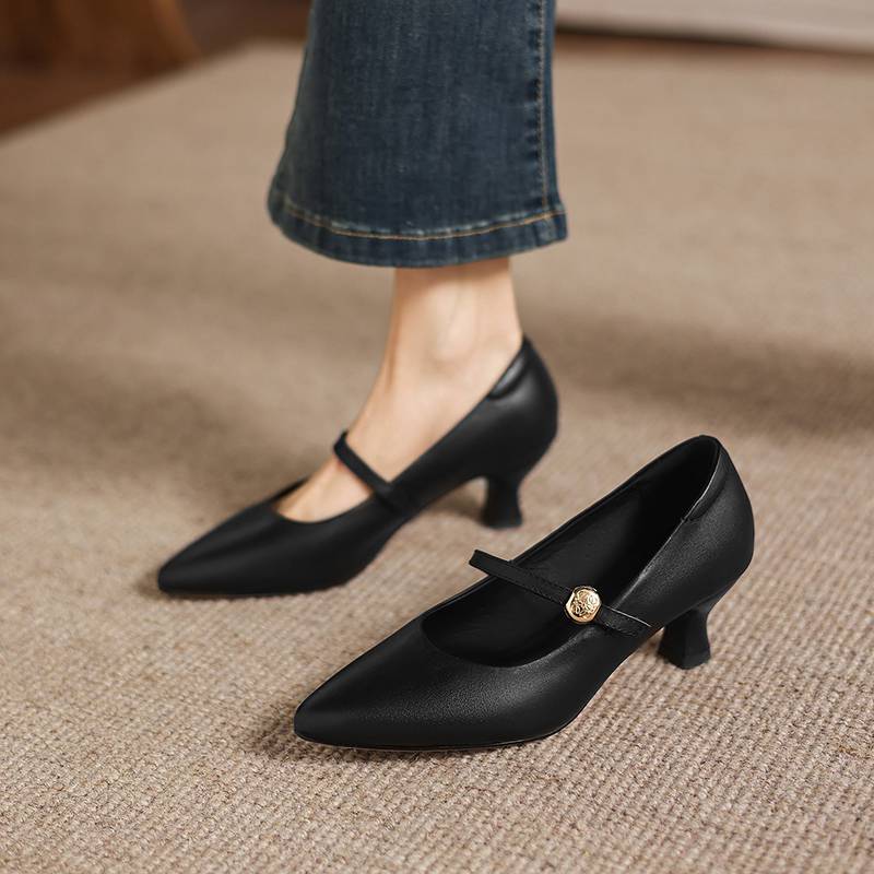 Krazing Pot Genuine Leather Round Toe Thin Heels Summer Shoes Solid Big Size 42 Shallow Decoration buckle Women Shallow Pumps