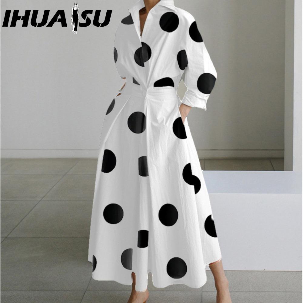 IHUASU Modă Femei Primăvară Toamnă Mânecă Lungă Guler POLO Rochii Casual