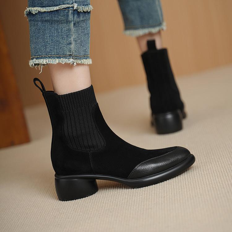 British retro leather Martin boots women's 2025 autumn and winter new thin boots thick heel thin pointed knitted short boots