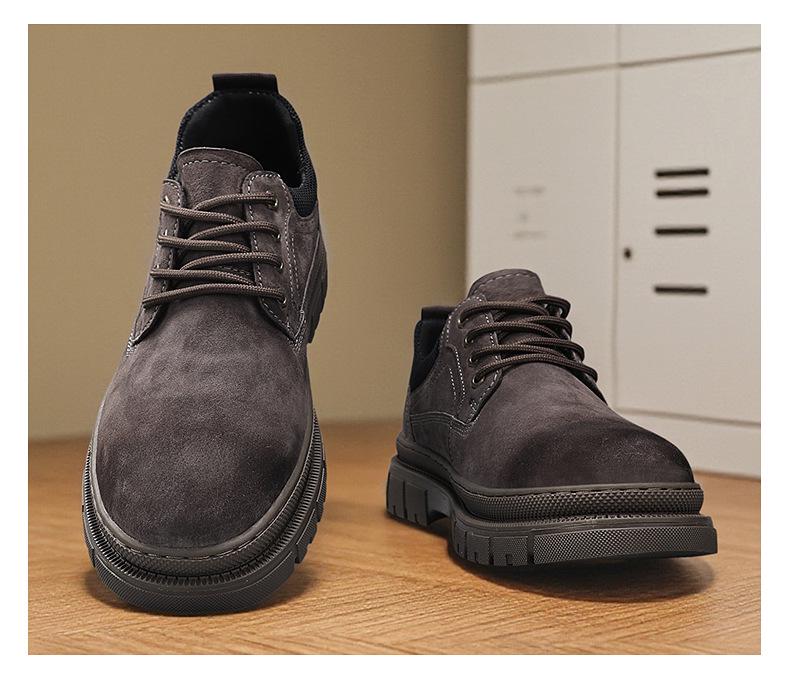 Men's Genuine Leather Outdoor Short Boots, Warm Plus Velvet, Autumn Winter Workwear, Yellow Martin Design.
