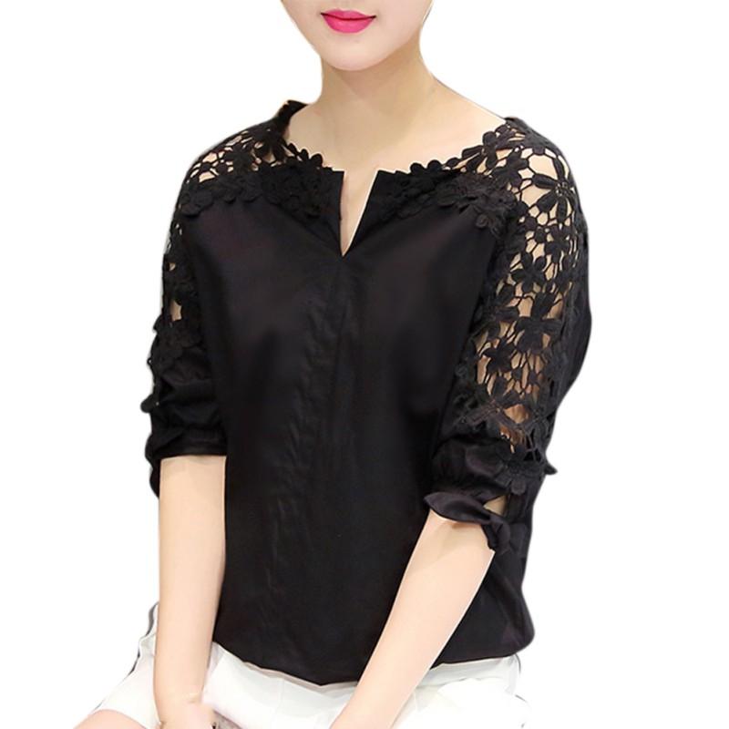 Women Solid Color Hollow Out Blouse Women Casual Cotton Half Sleeve V-neck Shirts Tops