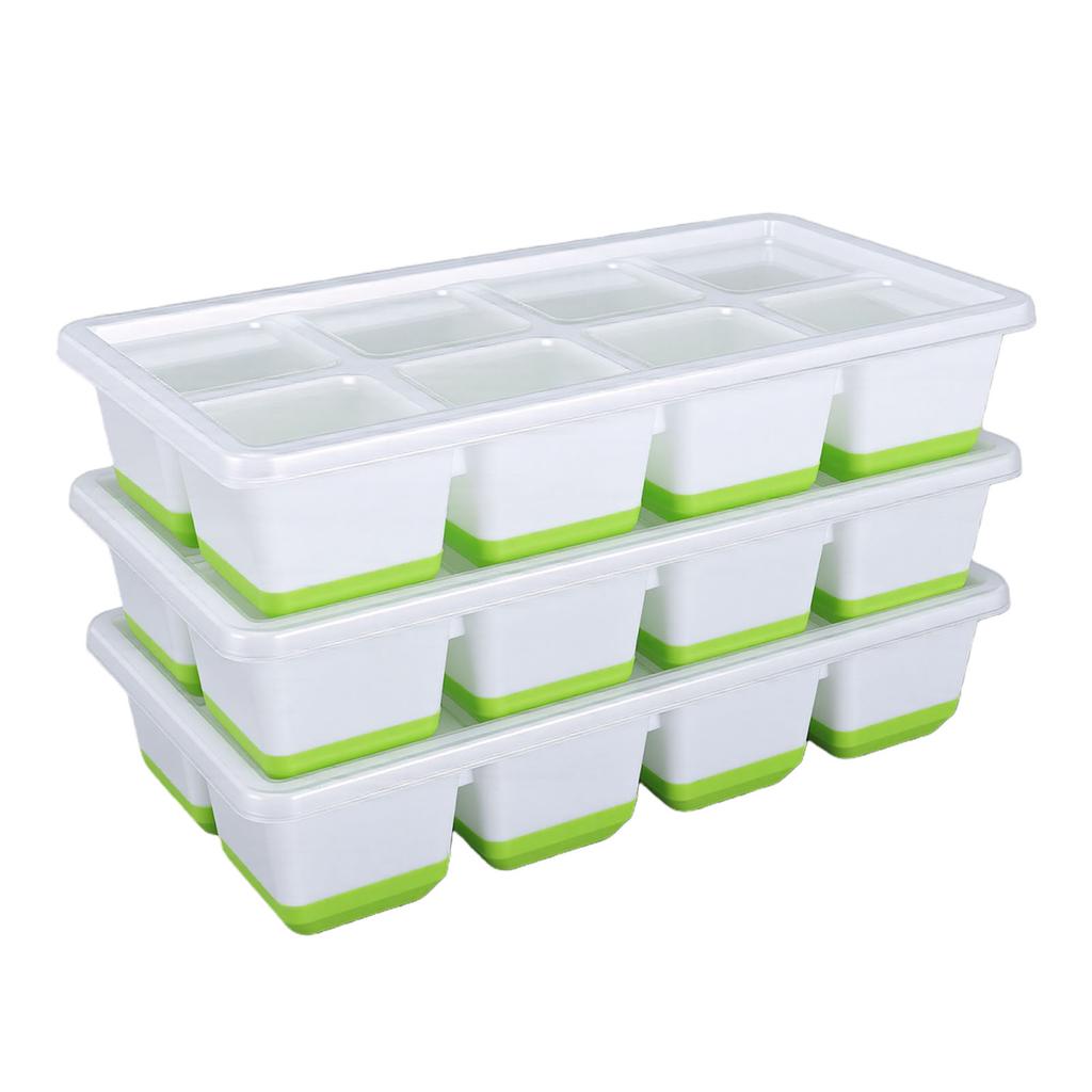 Ice Cube Tray with Lid Bin Tong Set 8 Cavity Soft Bottom Square Silicone Ice Cube Mold for Freezer