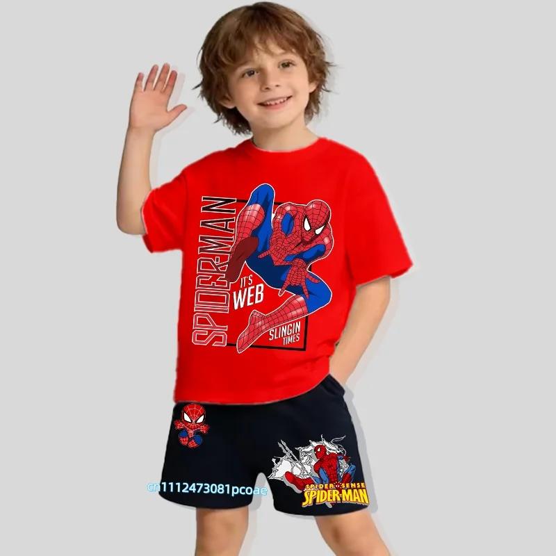 Boys' Summer Cartoon Spider-Man Short-Sleeve T-Shirt and Shorts Two-Piece Casual Sports Outfit