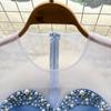 Elegante abito da sera in rete con fiocco in pietra con strass Abito da donna blu chic a maniche corte alla moda Abiti spaccati Abito da donna a vita alta con tromba di base 2024