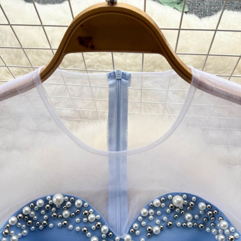 Elegante abito da sera in rete con fiocco in pietra con strass Abito da donna blu chic a maniche corte alla moda Abiti spaccati Abito da donna a vita alta con tromba di base 2024