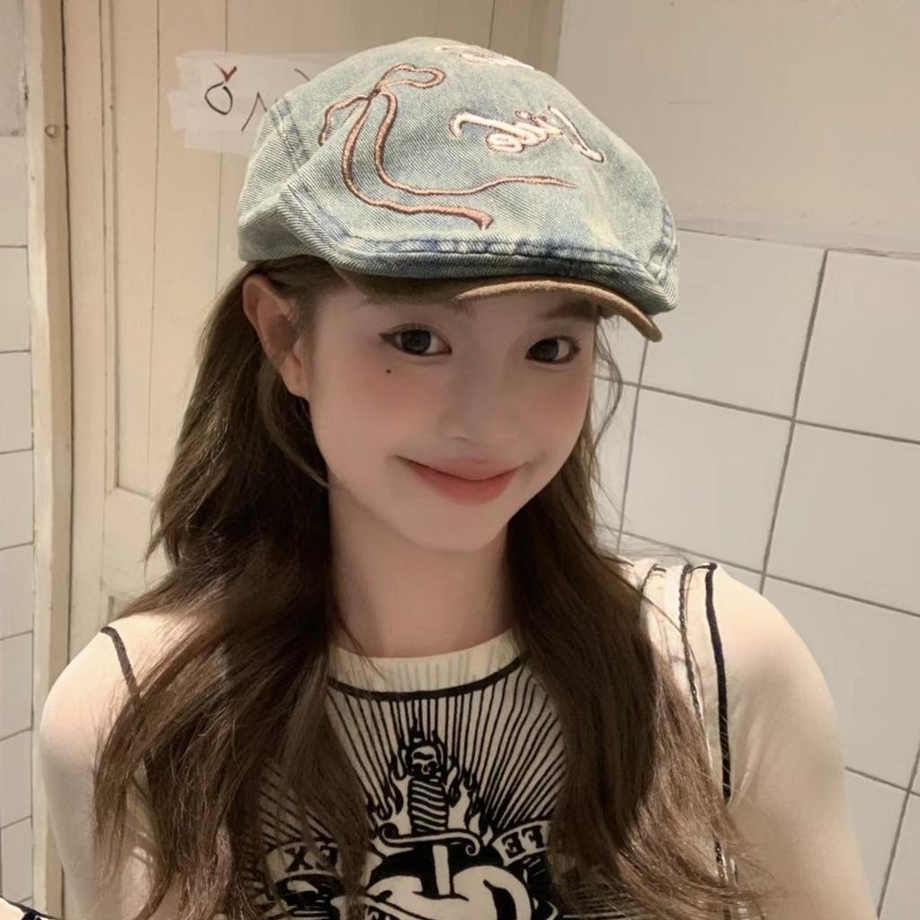 Japanese Retro Bow Washed Denim Beret Women'S Summer Versatile Big Head Circumference Forward Hat Showing Face Small Painter Hat