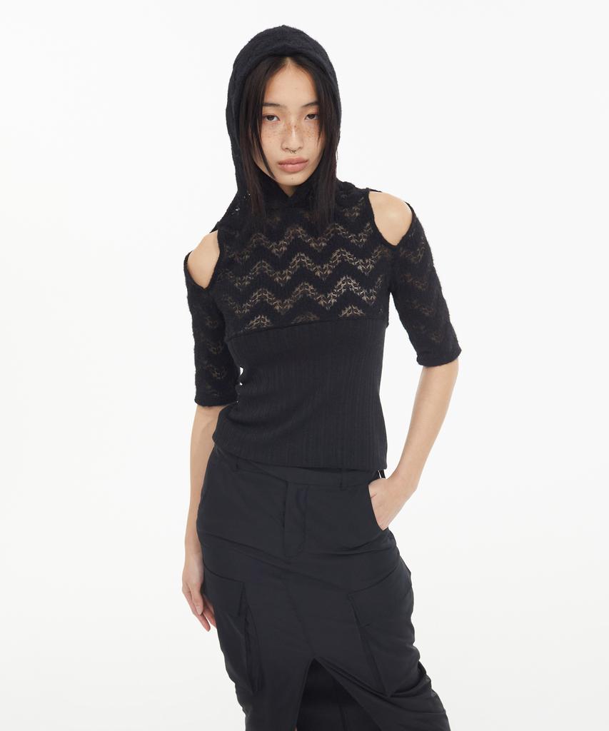 Kyo Lace Knit Cutout Hoodie Tee Black