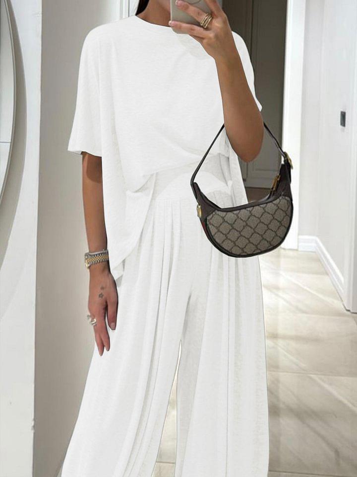 2025 Women's Drapey Wide-Leg Pants Two-Piece Set - Professional Casual Loose Fit with Solid Colors