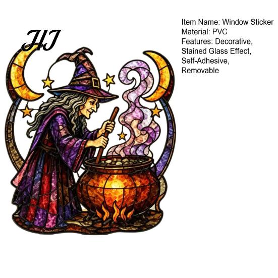 Seasonal Party Theme Decors Halloween Witch And Medicine Cauldron Window Sticker, Stained Glass Effect PVC Decal Durable Vinyl Clings for Doors