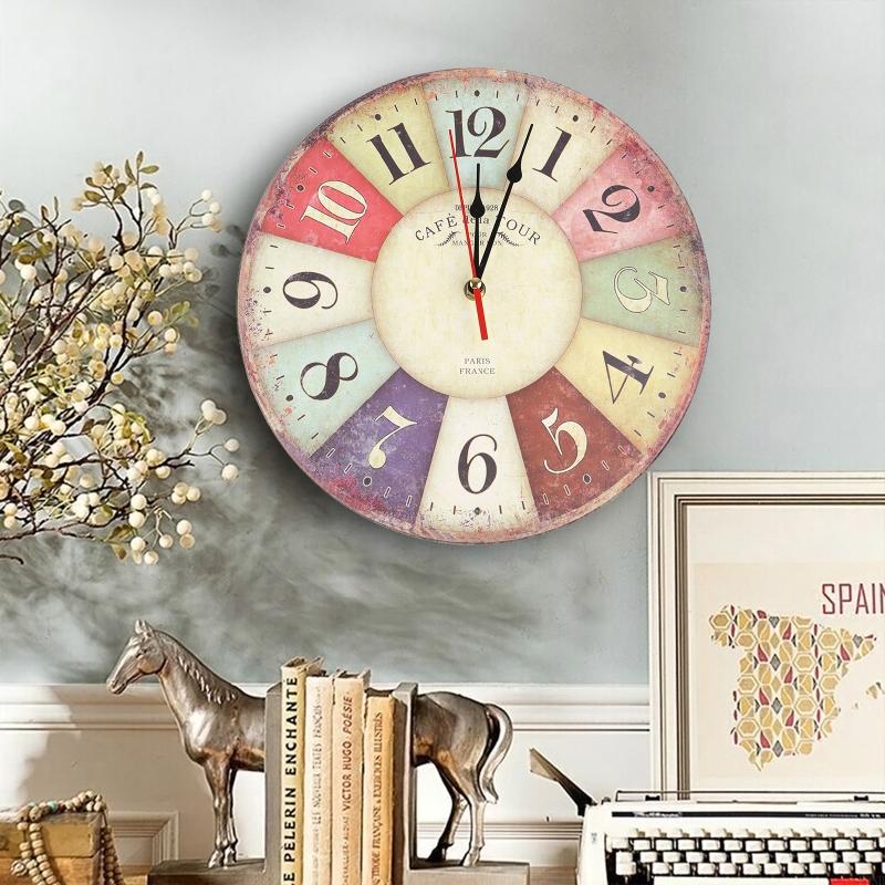  Retro Wooden Wall Clock Owl Rooster Vintage Rustic Non-Ticking Silent Quiet Home Office Kitchen Decor