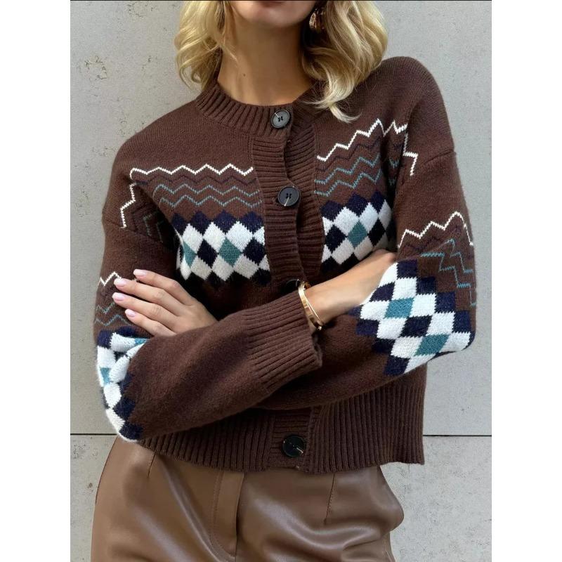 

Повседневный кардиган с жаккардовым узором, женский свитер для осени и зимы, ленивый и дикий, модный топ с длинными рукавами Tide M темно-коричневого