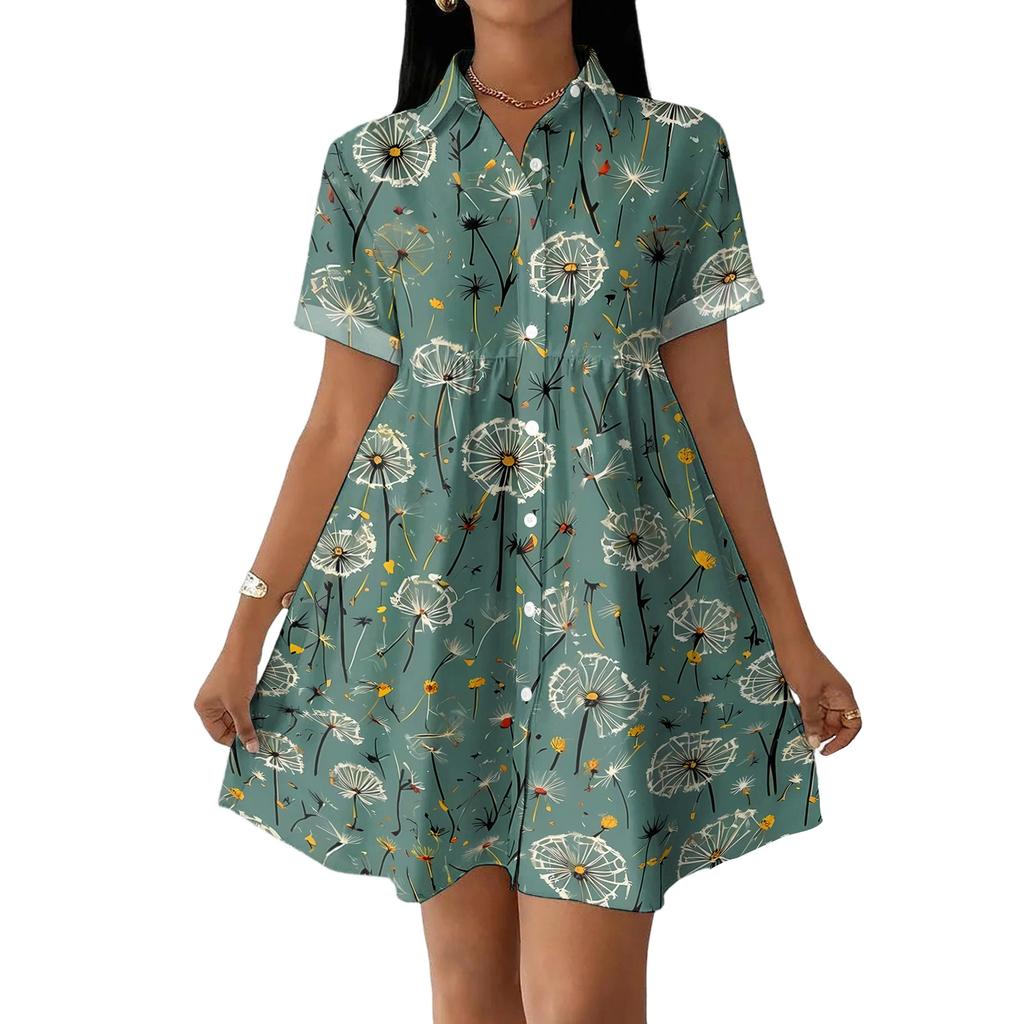 Women's Casual Loose Fit Shirt Dress Button Front Short Sleeve Turn Down Collar Dress with Printed Pattern Suitable for Daily Wear