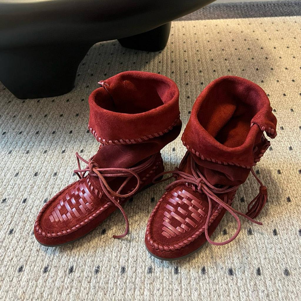 2025 Autumn New Strap Fringed Boots Women's Retro Woven Flat-bottomed Comfortable Medium Boots Fashionable Western Stacking Boots