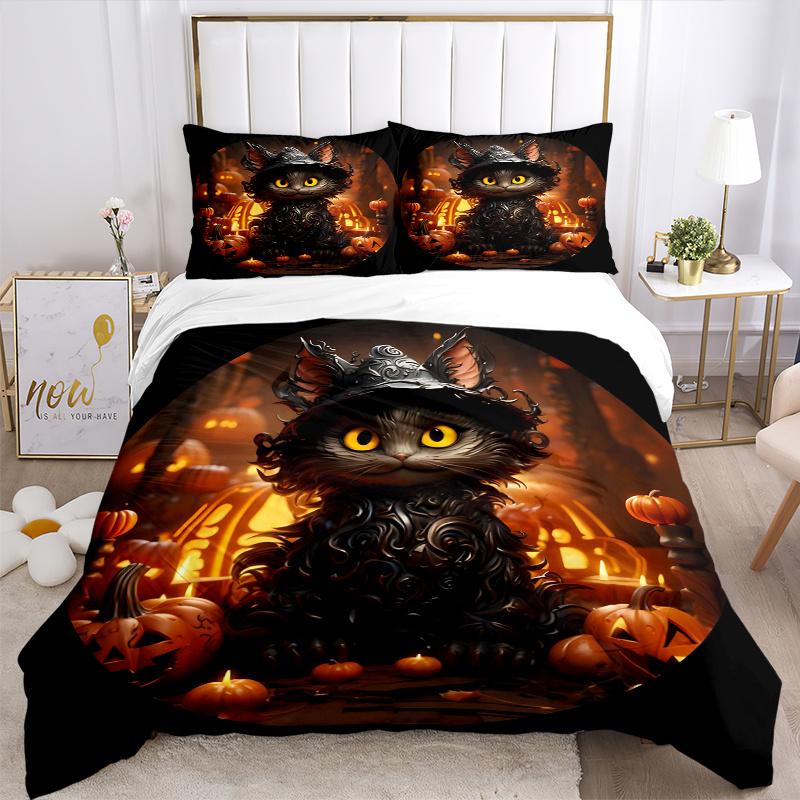 3pcs Handsome Black Cat Halloween Pattern Bedding Set, 1* Cover + 2*Pillowcases, Printed Bedding Set, Soft and Comfortable, Suitable for Bedroom