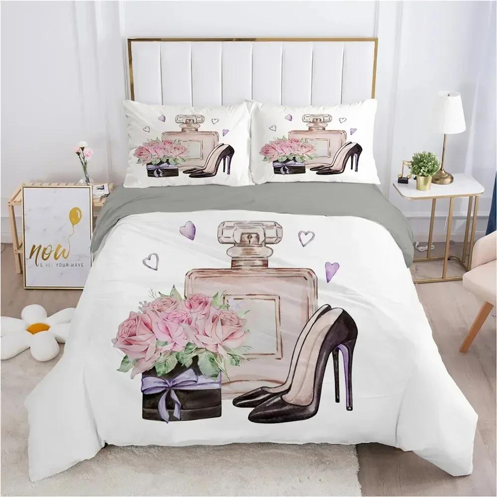 Perfume Floral Duvet Cover Set Pink Makeup Bedding Set With Pillowcase,Girls Women Romantic Fashion Gifts Comforter Cover Set