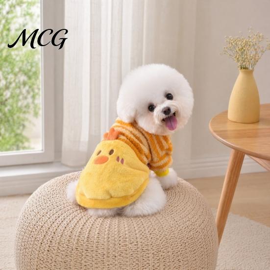 Cozy Dog Shirt Cute Duck Shirt, Striped Plush Pet Clothes, Snap Button Coat Closure, Warm Autumn Winter Outfit for Small Medium Dogs Skin-friendly