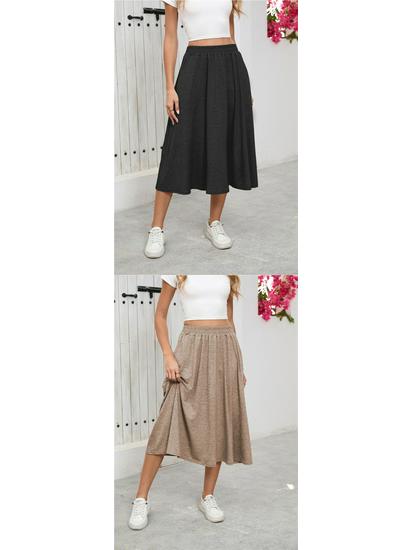 European High-Waisted Casual Midi Skirt - A-Line, Loose Fit, Draped Hem
