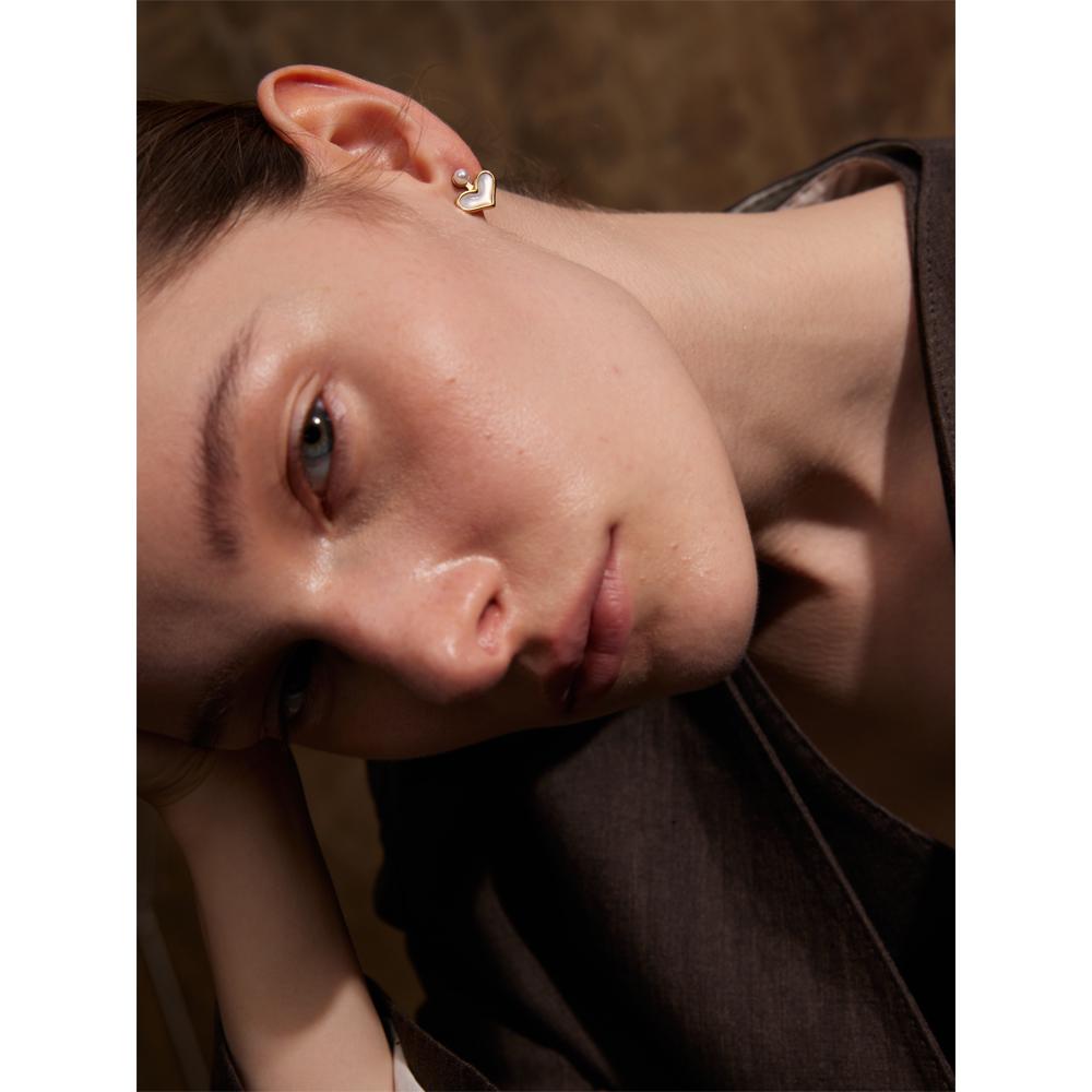 Yhpup Korean Delicate Natural Shell Simulated Pearl Heart Chic Stud Earrings Stainless Steel Office Ladies Waterproof Jewelry