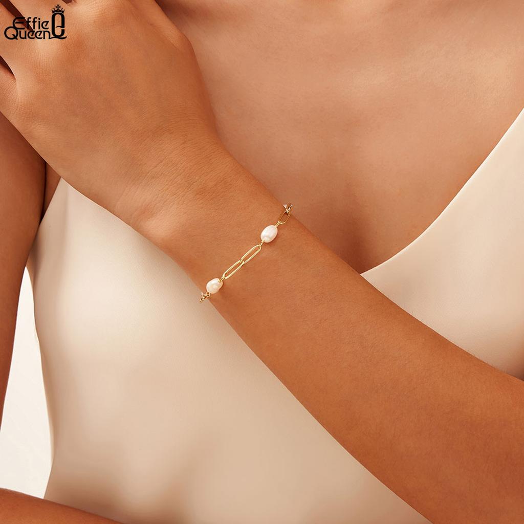 EFFIE QUEEN Fashion Freshwater Pearls Bracelet 925 Sterling Silver Paperclip Chain with Pearls Elegant Women Party Jewelry GPB39
