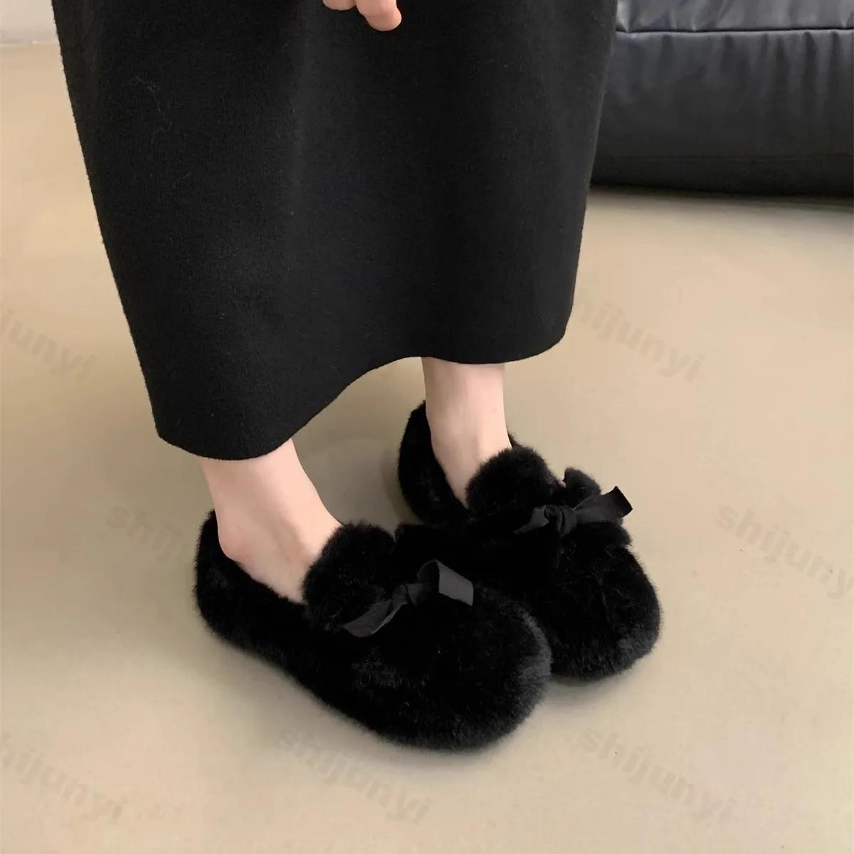

Женская плюшевая обувь, зимняя обувь для улицы, новинка 2024 года, модные хлопковые теплые мокасины с бантом на плоской подошве, туфли без застежек 35 чёрный