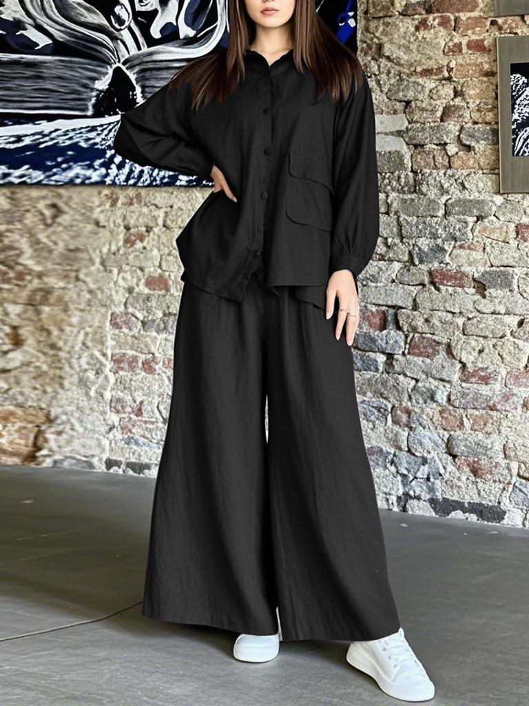 Women's Long Sleeve Button Front Shirt and Wide Leg Pants Set in 7 Colors